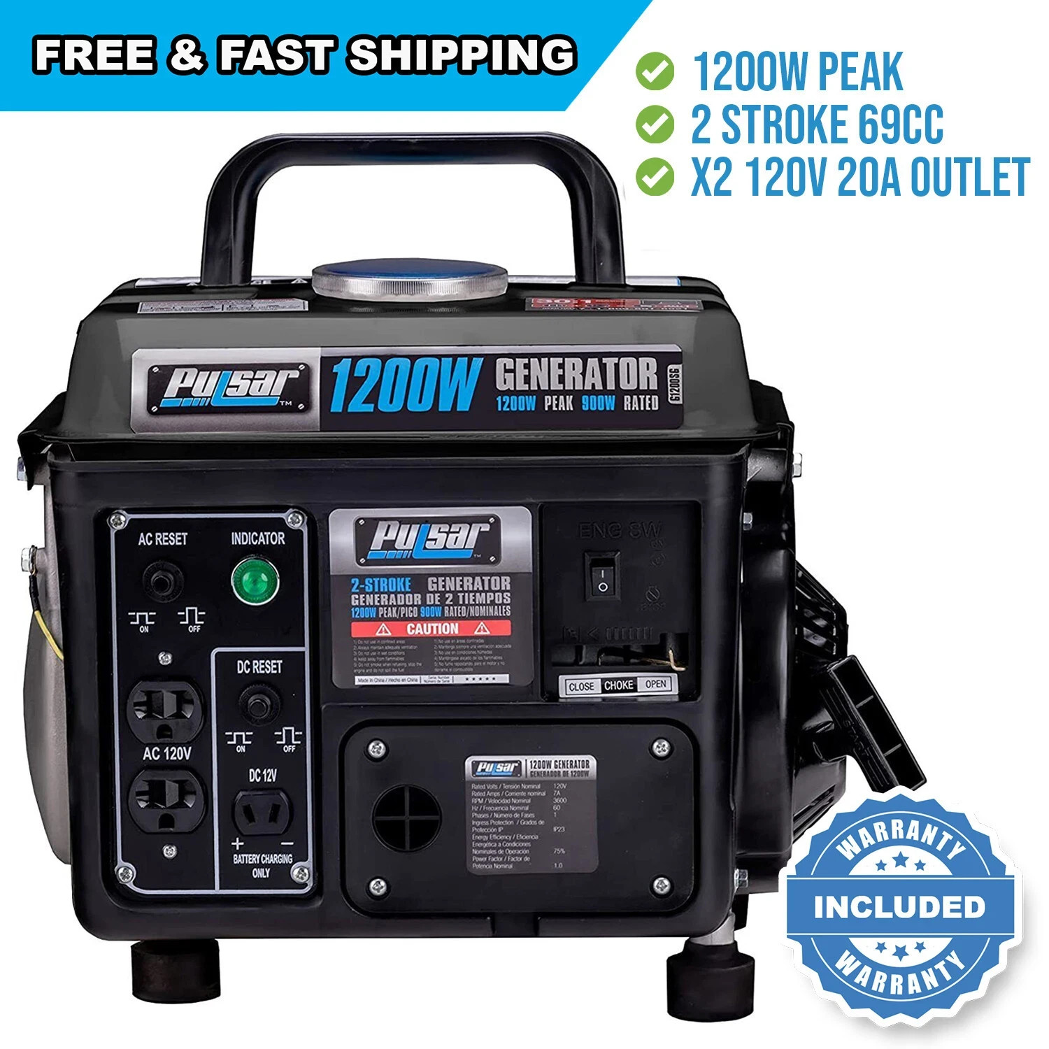 Pulsar 1200W Portable Gas-Powered Generator with Carrying Handle G1200SG