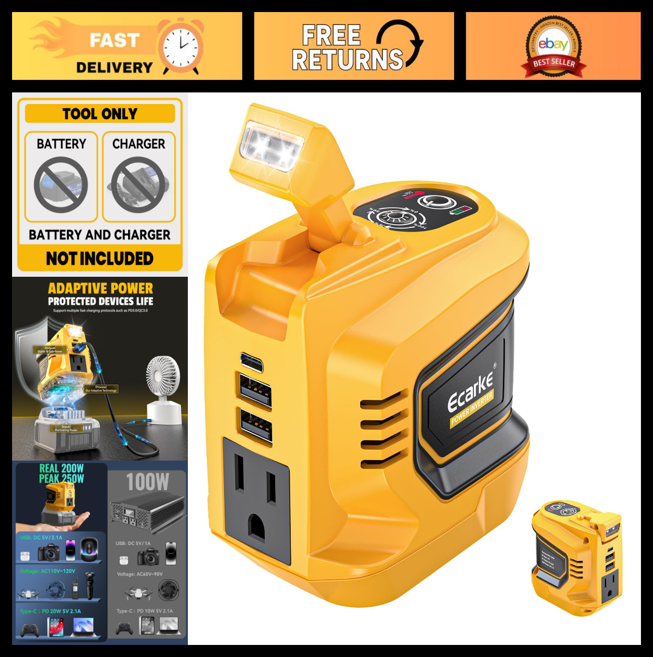 220W Portable Power Inverter for 20V Batteries, AC 110V, USB Ports, LED Light, C
