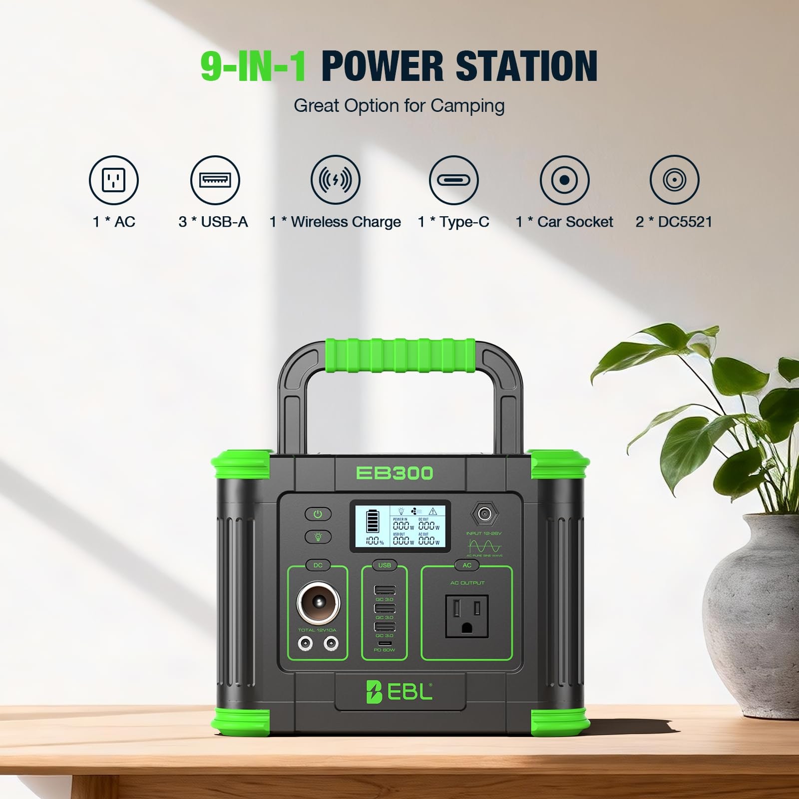 EBL Portable Power Station 288.6Wh 330W Solar Generator Pure Sine 300W, Green