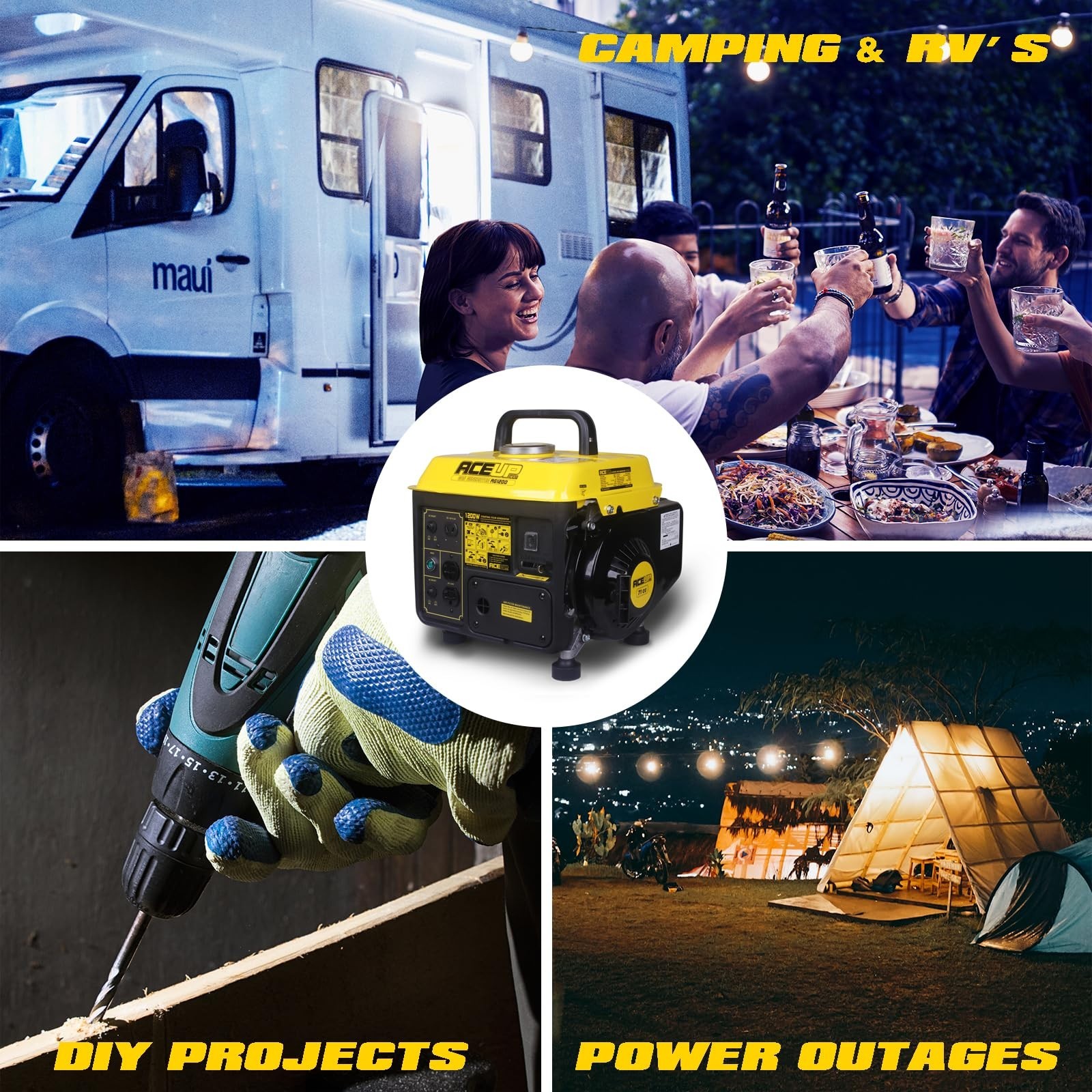 [US Fast Shipping]1200W Small Portable Gas Generator Emergency Aceup Energy
