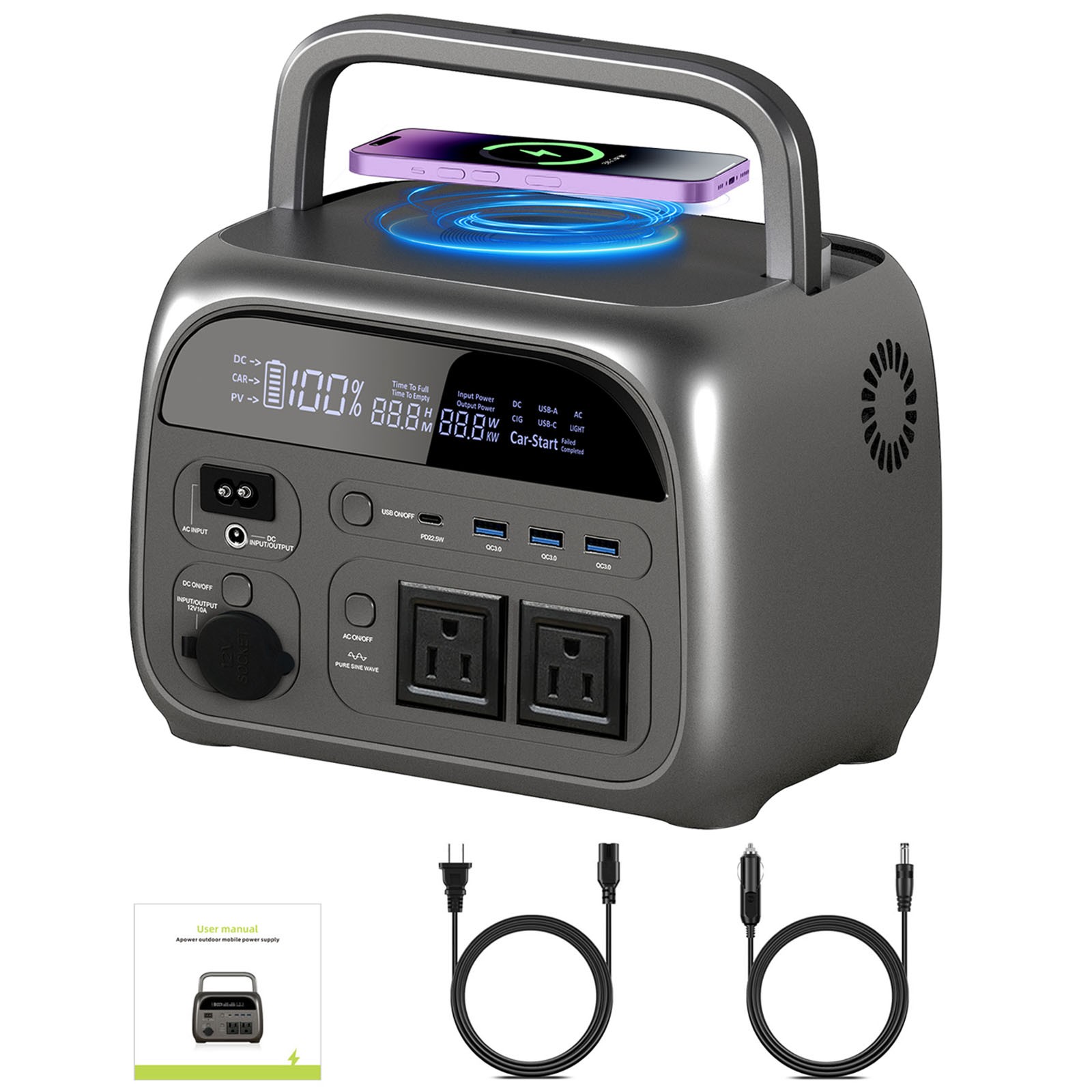 600W Peak 500W Rate Power Station LiFePO4 Battery for Camping,100W Solar Panel