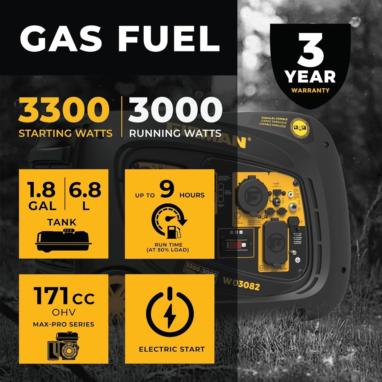 Firman 3,300-W Quiet Portable Gas Powered Inverter Generator with Electric Start