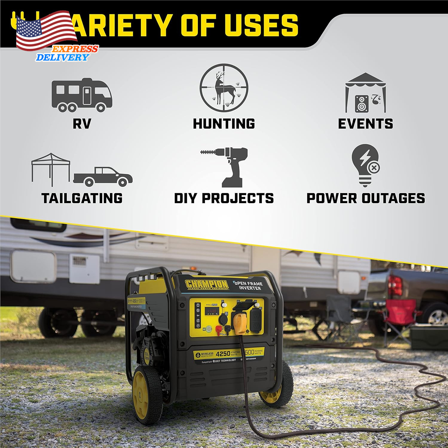 Portable Open Frame Inverter Generator 4250-Watt Wireless Remote Start RV Ready