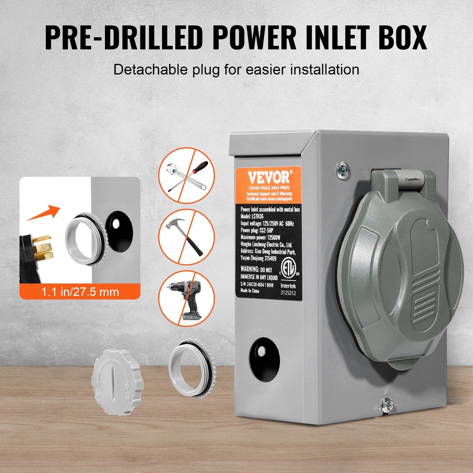 ETL-Certified 50A 50FT Generator Cord & Pre-Drilled Inlet Box for Home/RV