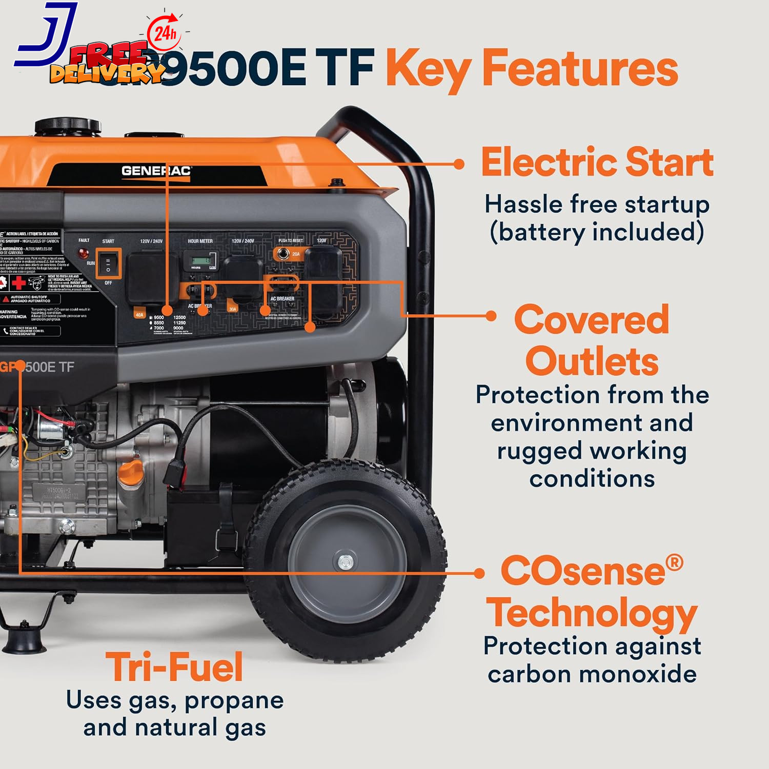 12,500 Starting Watt Tri-Fuel Portable Generator Electric Start Gas Propane or N