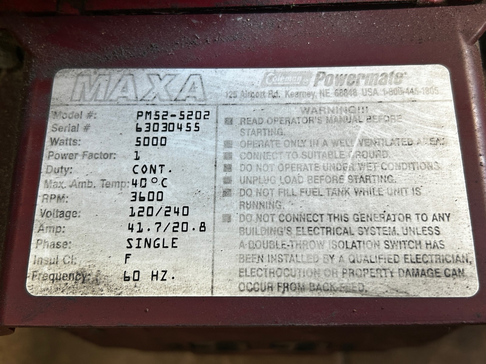 COLEMAN POWERMATE GENERATOR 5000 MAXA ER – 10 HP TECUMSEH ENGINE – MADE IN USA