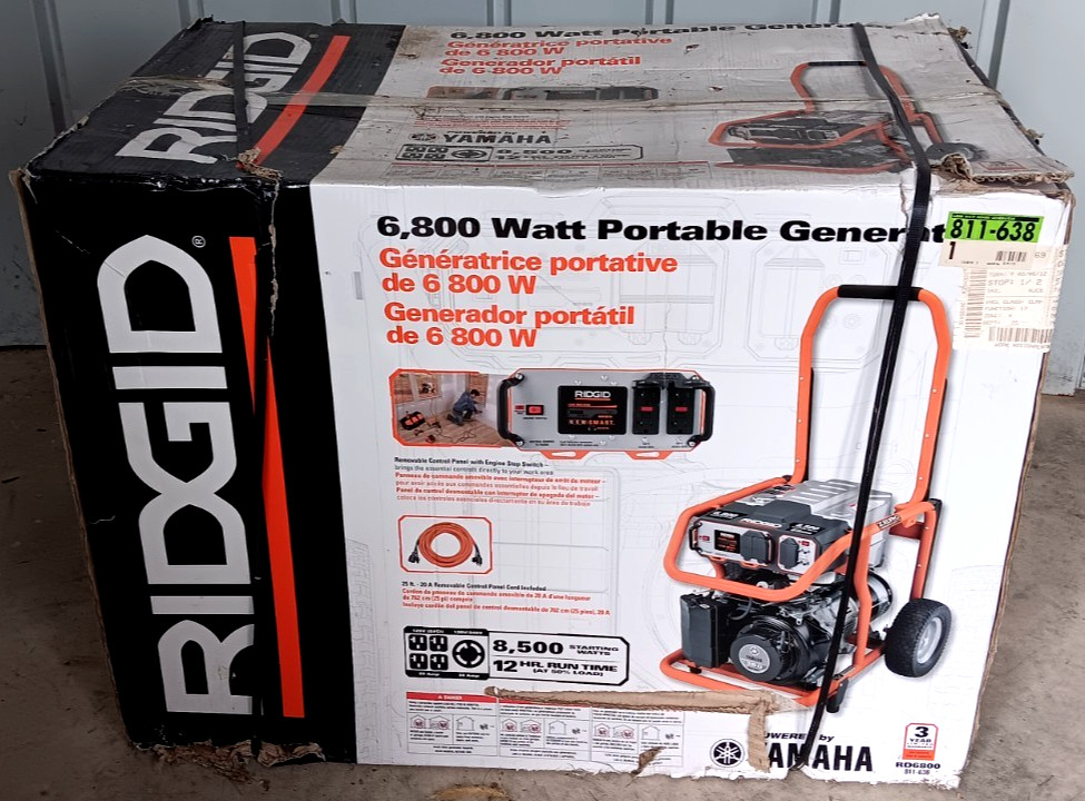 RIDGID 6,800 Watt Portable Generator. Yamaha Engine 12HR Run – local pickup only