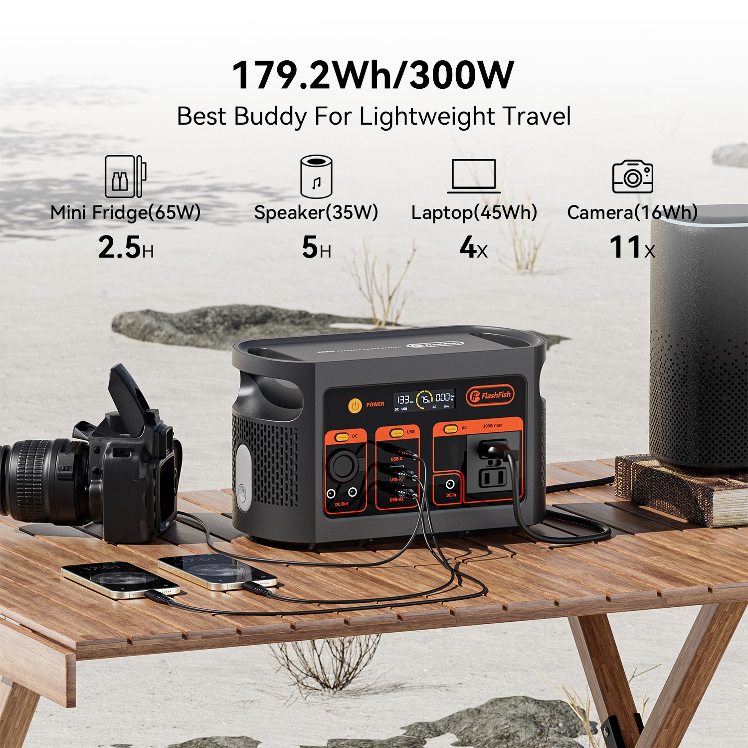 FlashFish E103 Portable Power Station LiFePO4 300W 179Wh with Solar Panel 100W