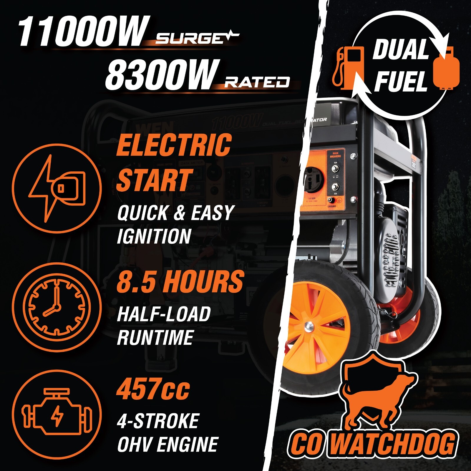 4750W 120V/240V Dual Fuel Electric Start Portable Generator, CO Shutdown Sensor