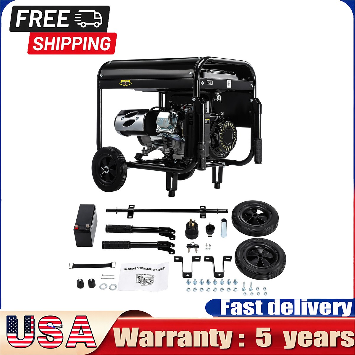Gas Powered Generator 5KW for Home Backup Camping Job Site with Movable Wheels