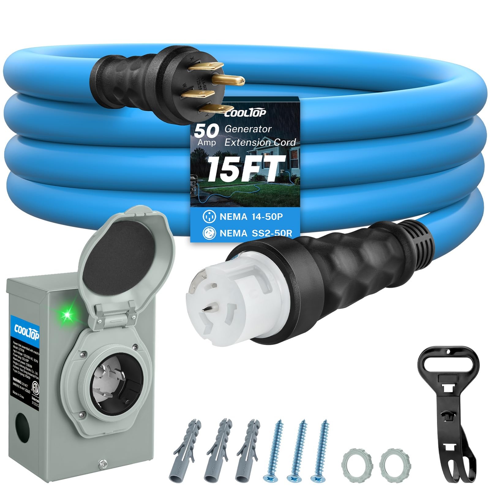 Cooltop 50 Amp Generator Cord And Power Inlet Kit 15Ft Extension Cable Stw