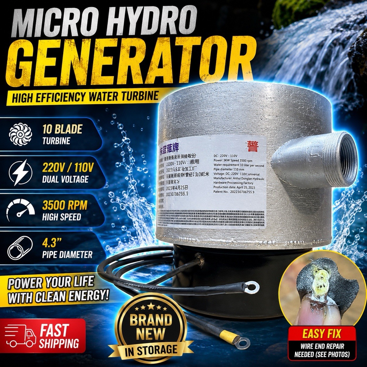 Donglan Hydro Generator Water Turbine 3500RPM 220V/110V Micro Hydro Generator