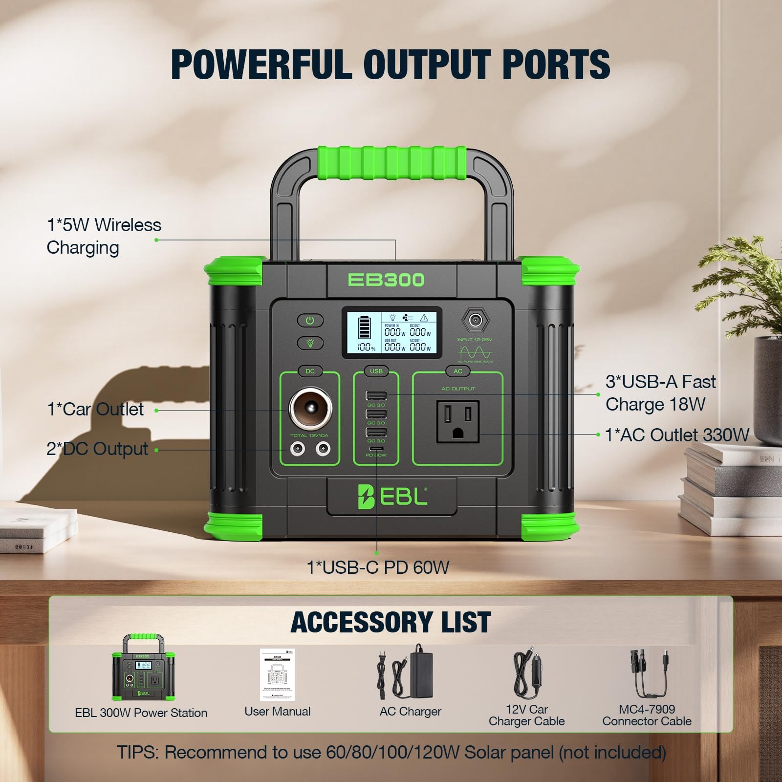 EBL Portable Power Station 288.6Wh 330W Solar Generator Pure Sine 300W, Green