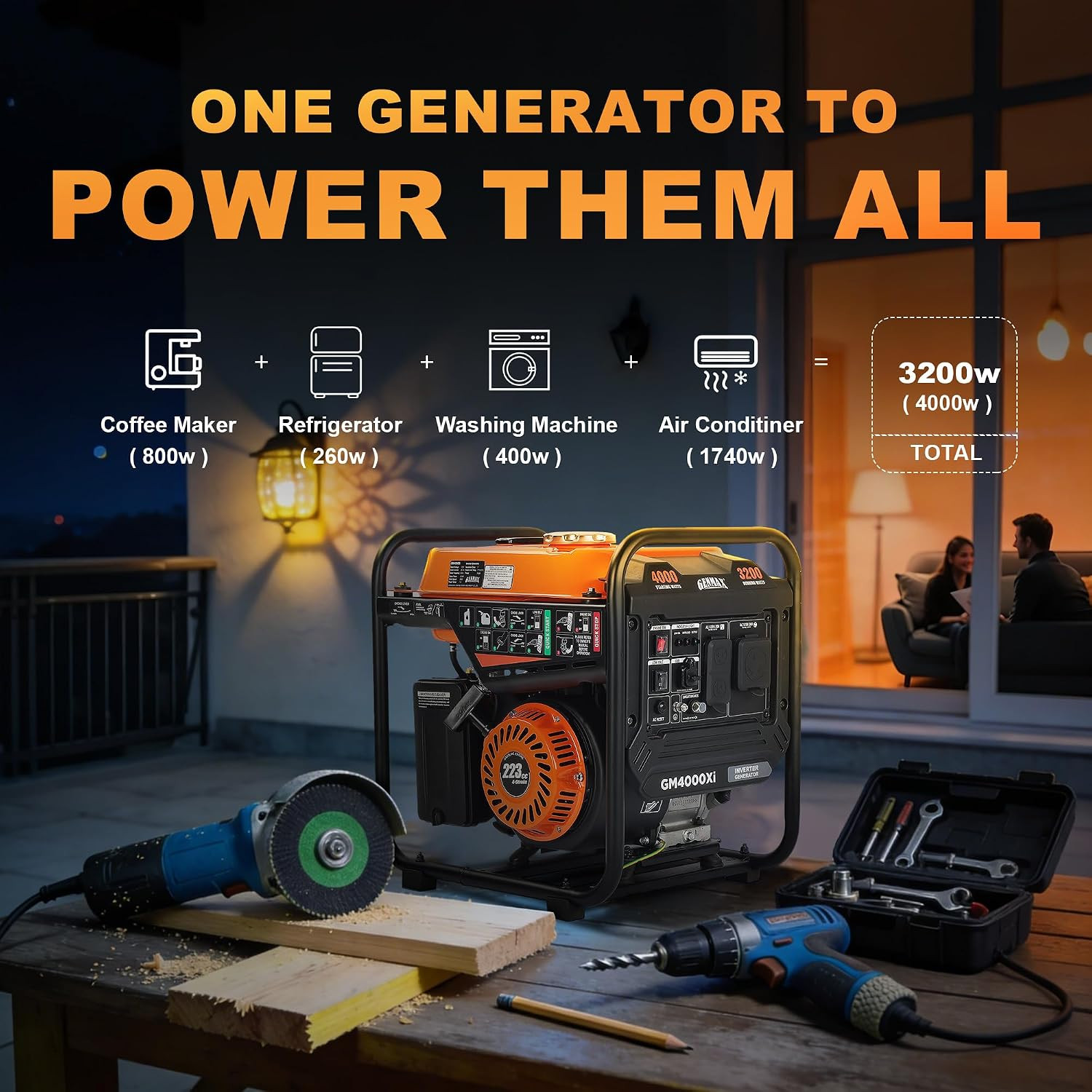 4000W Portable Open Frame Inverter Generator, 223Cc Engine, with 30A RV Outlet,