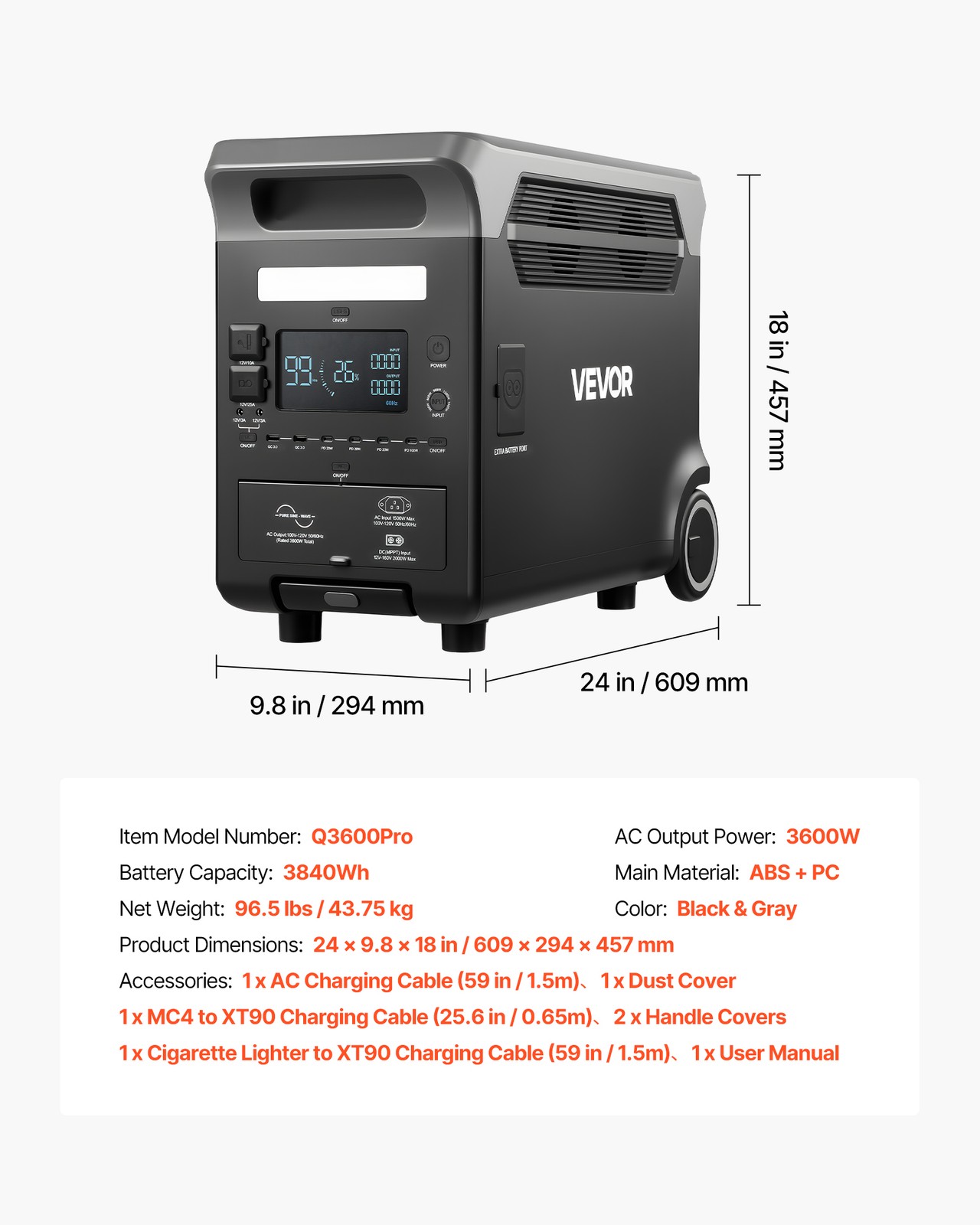 VEVOR Portable Power Station Solar Generator 3600W 3840Wh with 10 Output Ports