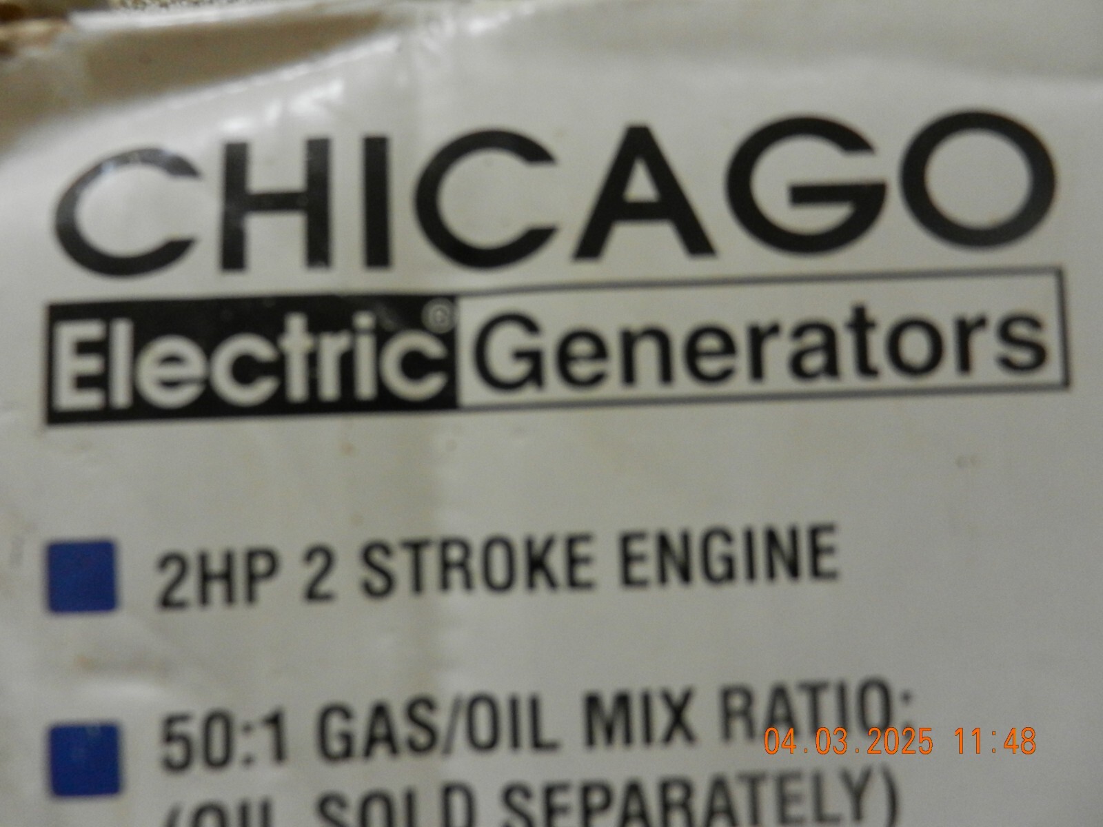 GENERATOR-CHICAGO ELECTRIC Portable Generator 2HP 800/900W 5 Hour Run Time- NEW
