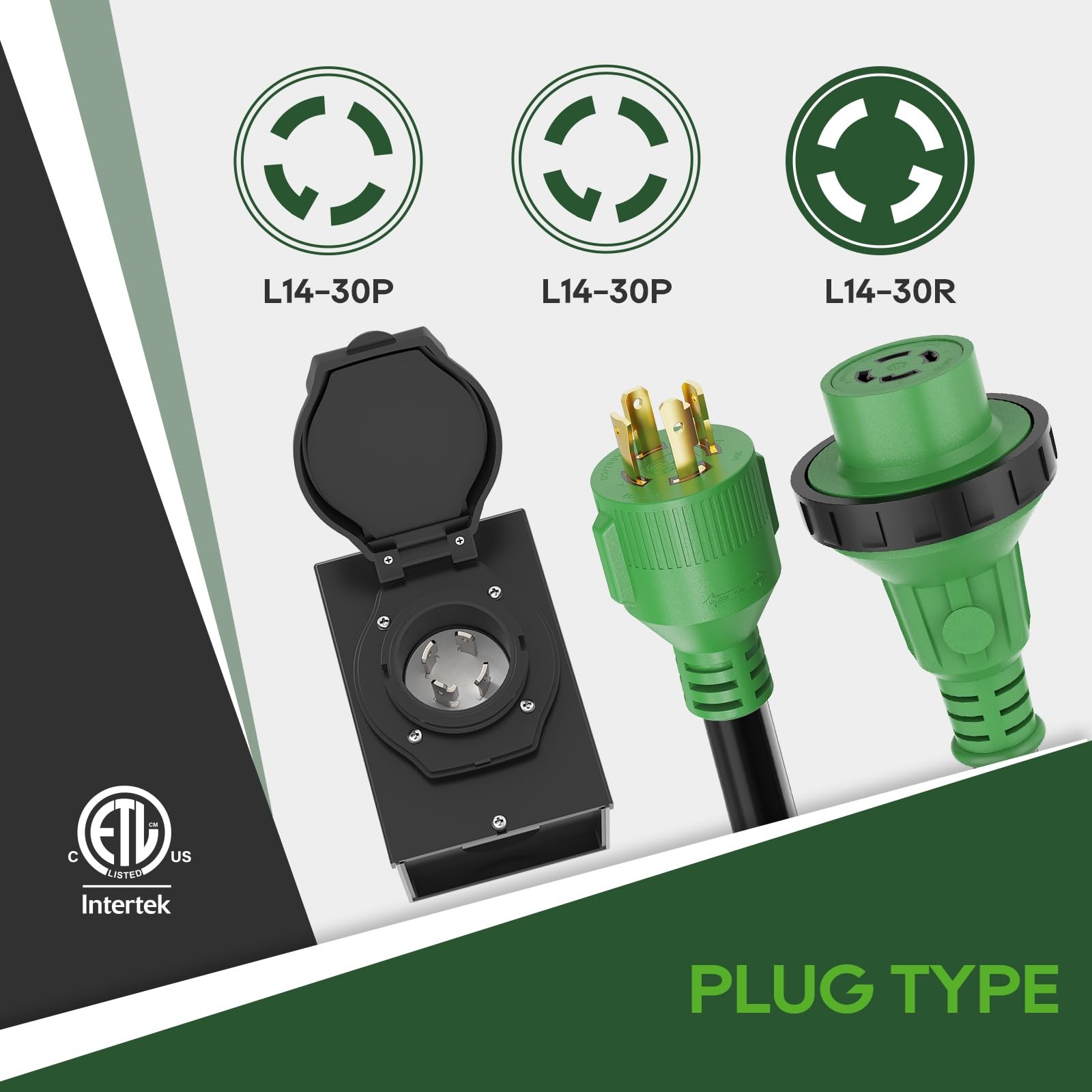 RVGUARD Emergency Power Combo Kit, 15 Foot 30 Amp Generator 15 Foot, Green