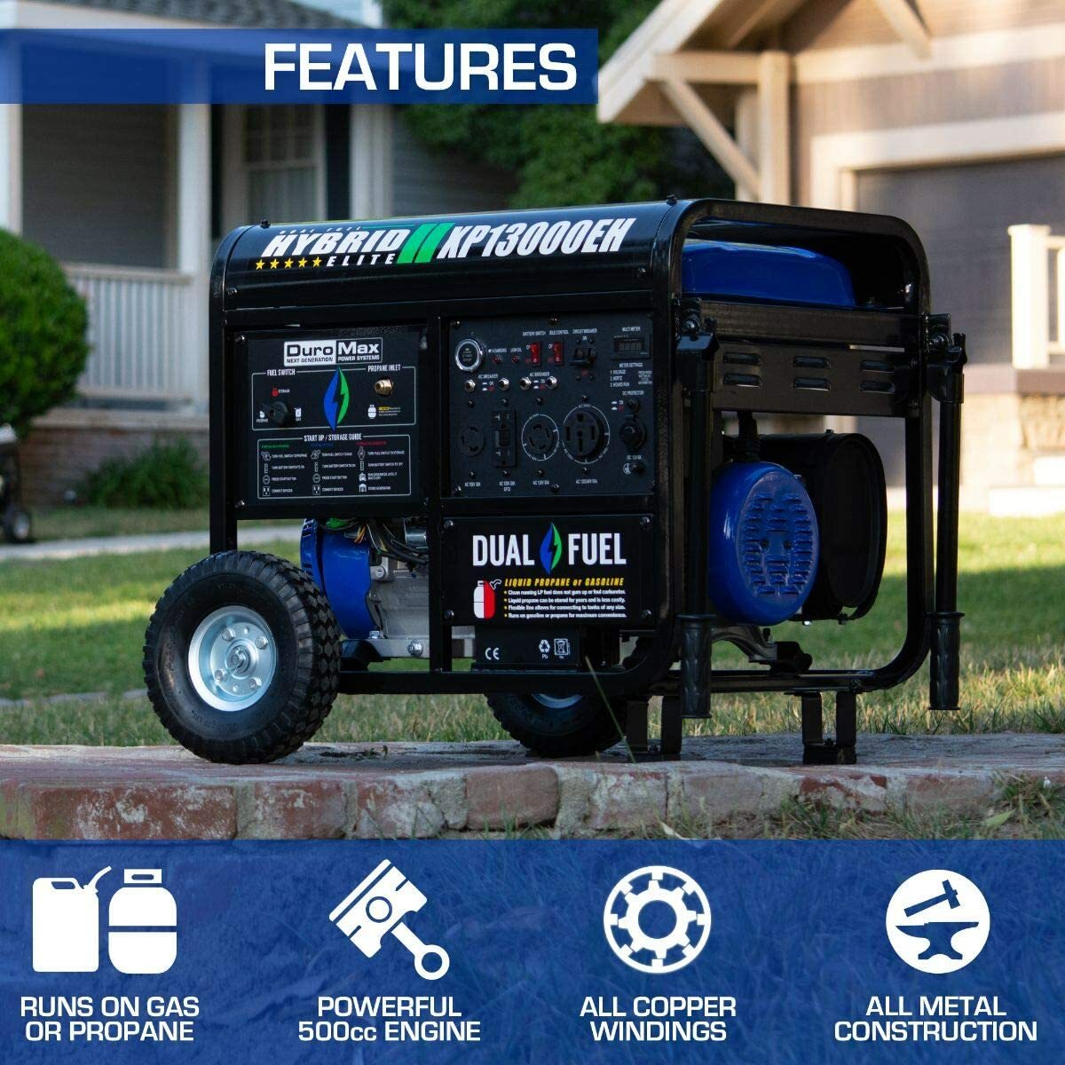 DuroMax 13,000-W Portable Hybrid Dual Fuel Powered Generator with Electric Start