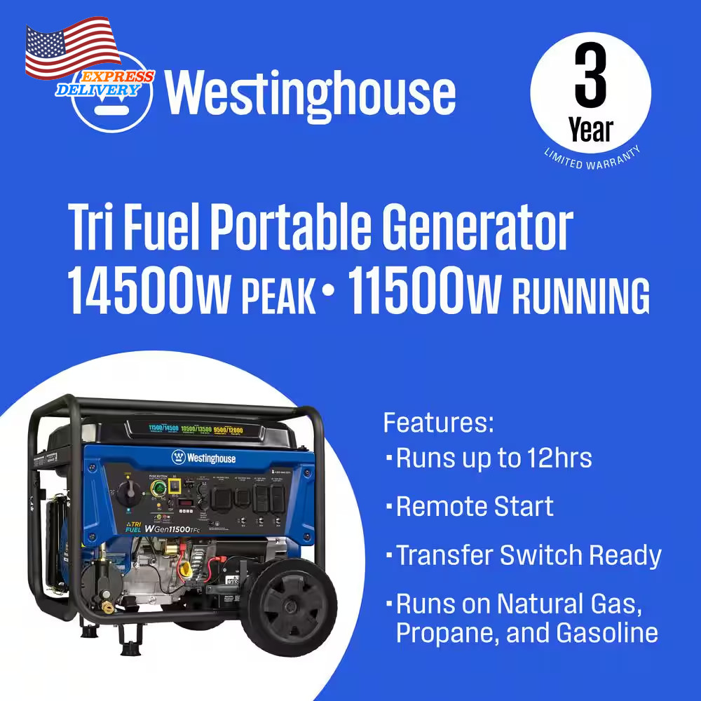 Tri-Fuel Portable Generator with Transfer Switch Outlet Remote Start & CO Sensor