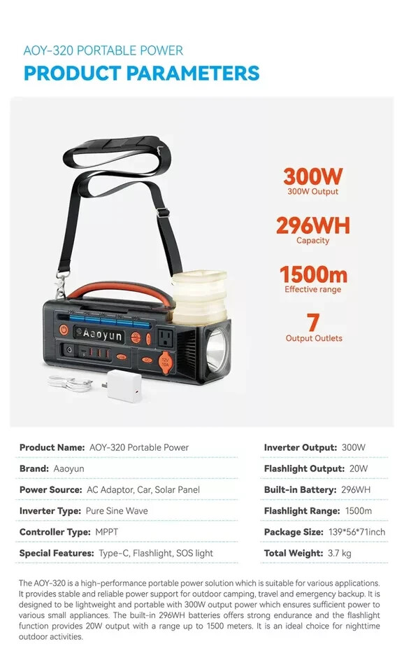 Aaoyun Portable Power Station 300W, 296Wh Battery Back-Up for Outdoor Indoor Use