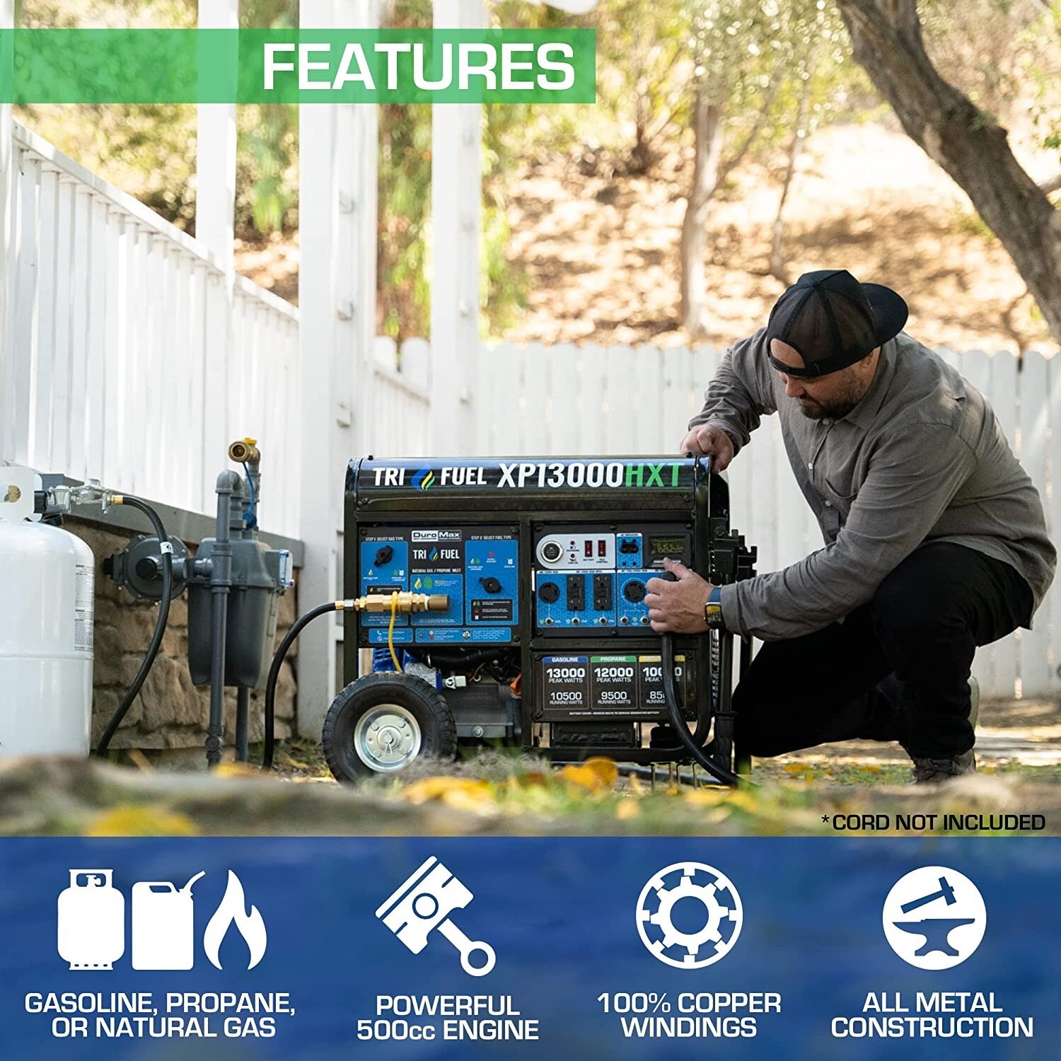 DuroMax 13,000-W Portable Hybrid Tri Fuel Generator w/ Electric Start, CO Sensor
