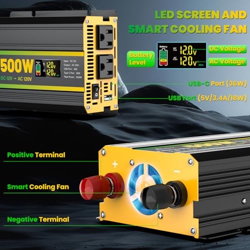 500 Watt Power Inverter for Vehicles, Car Power MSW Inverter 500 Watt Black