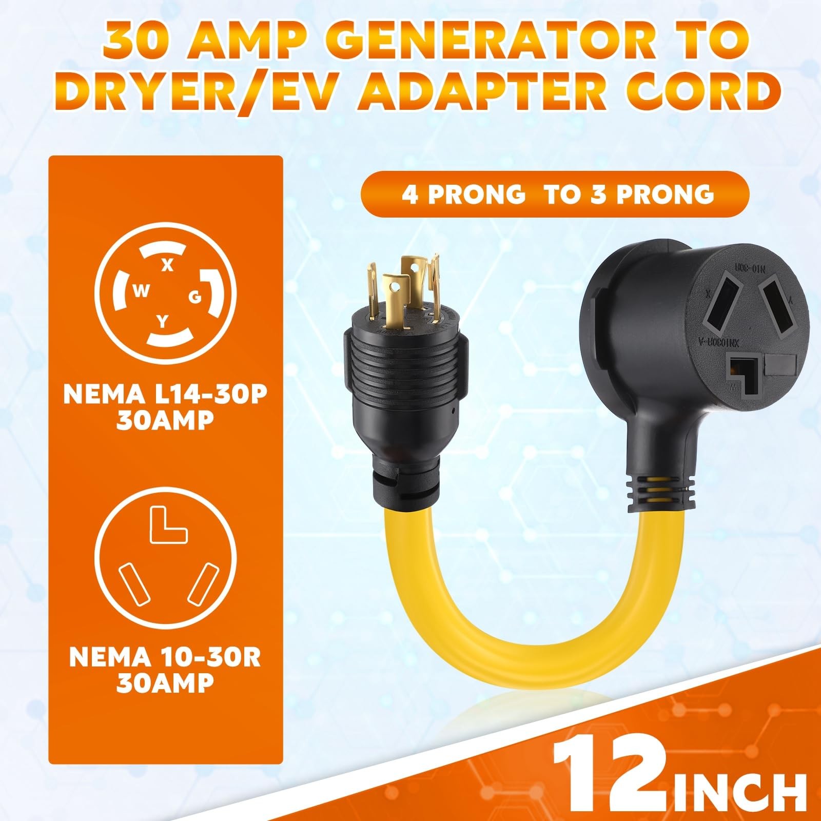 Tellegloww NEMA L14-30P to 10-30R 30 Amp Generator 1 ft, Black, Yellow