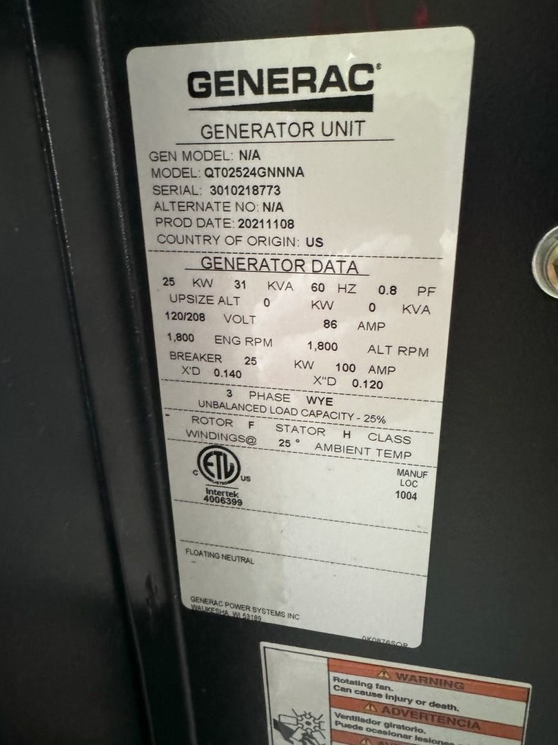 2021 New Surplus 25kW Generac NG Generator