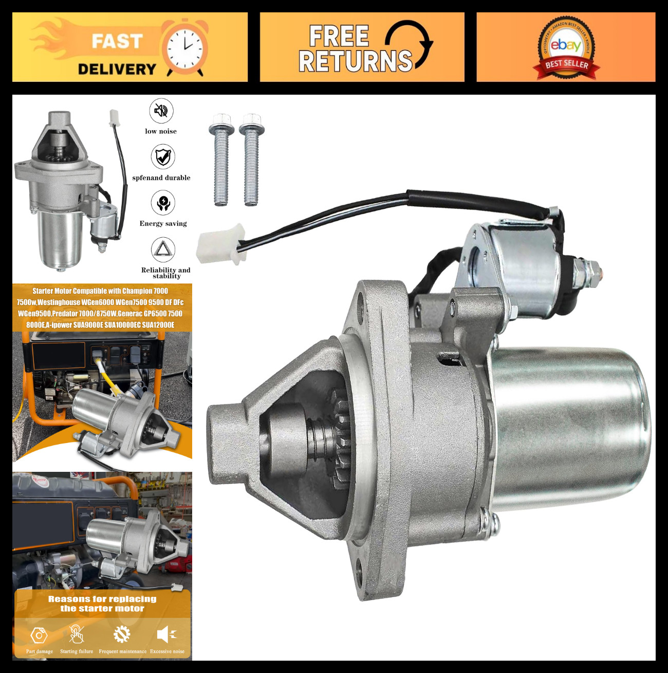 Starter Motor with 2-Wire Plug for 7000W 8750W Generators, Compatible with 389cc