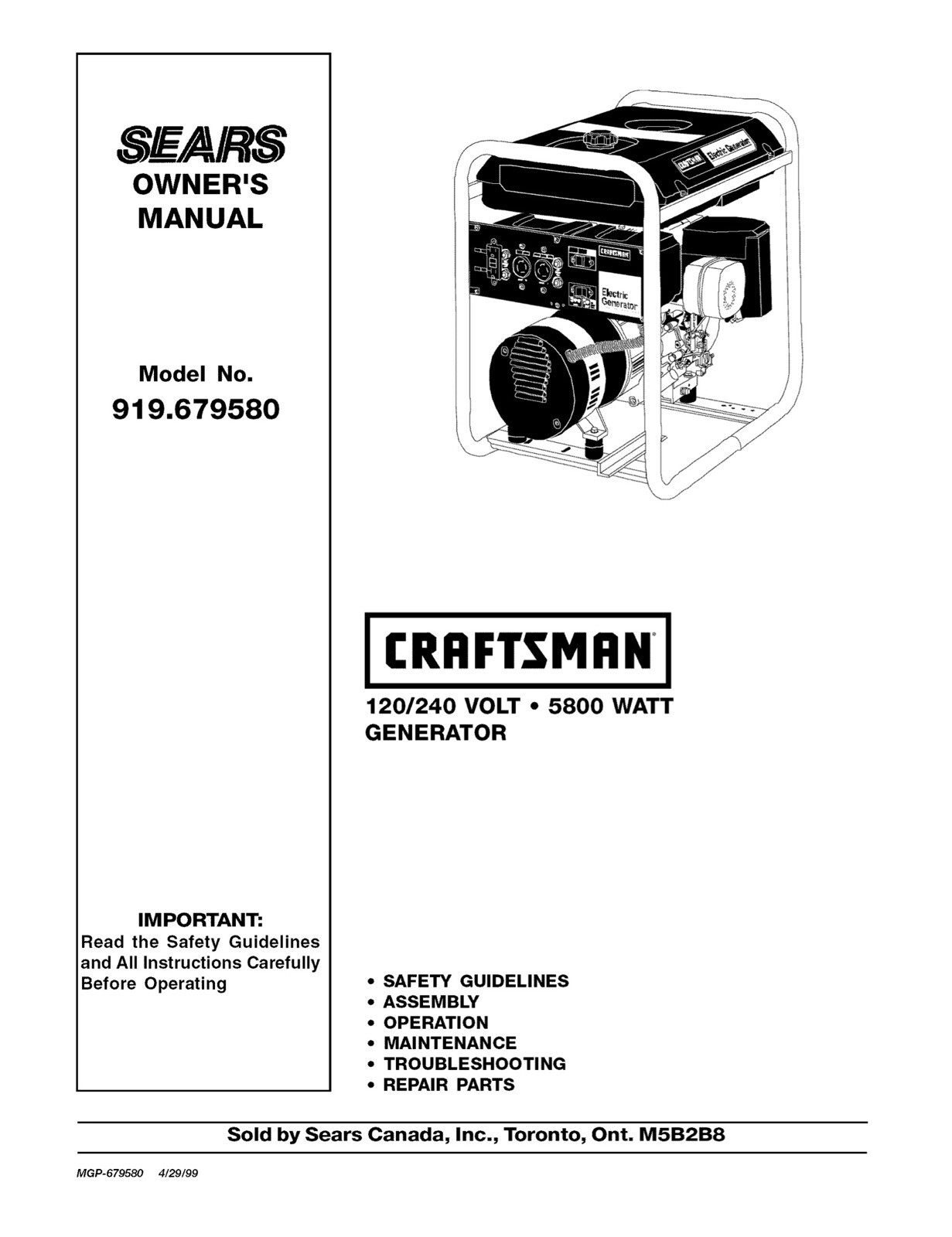 Owners Manual & Parts List Craftsman 5,800-Watt Portable Generator – 919.679580