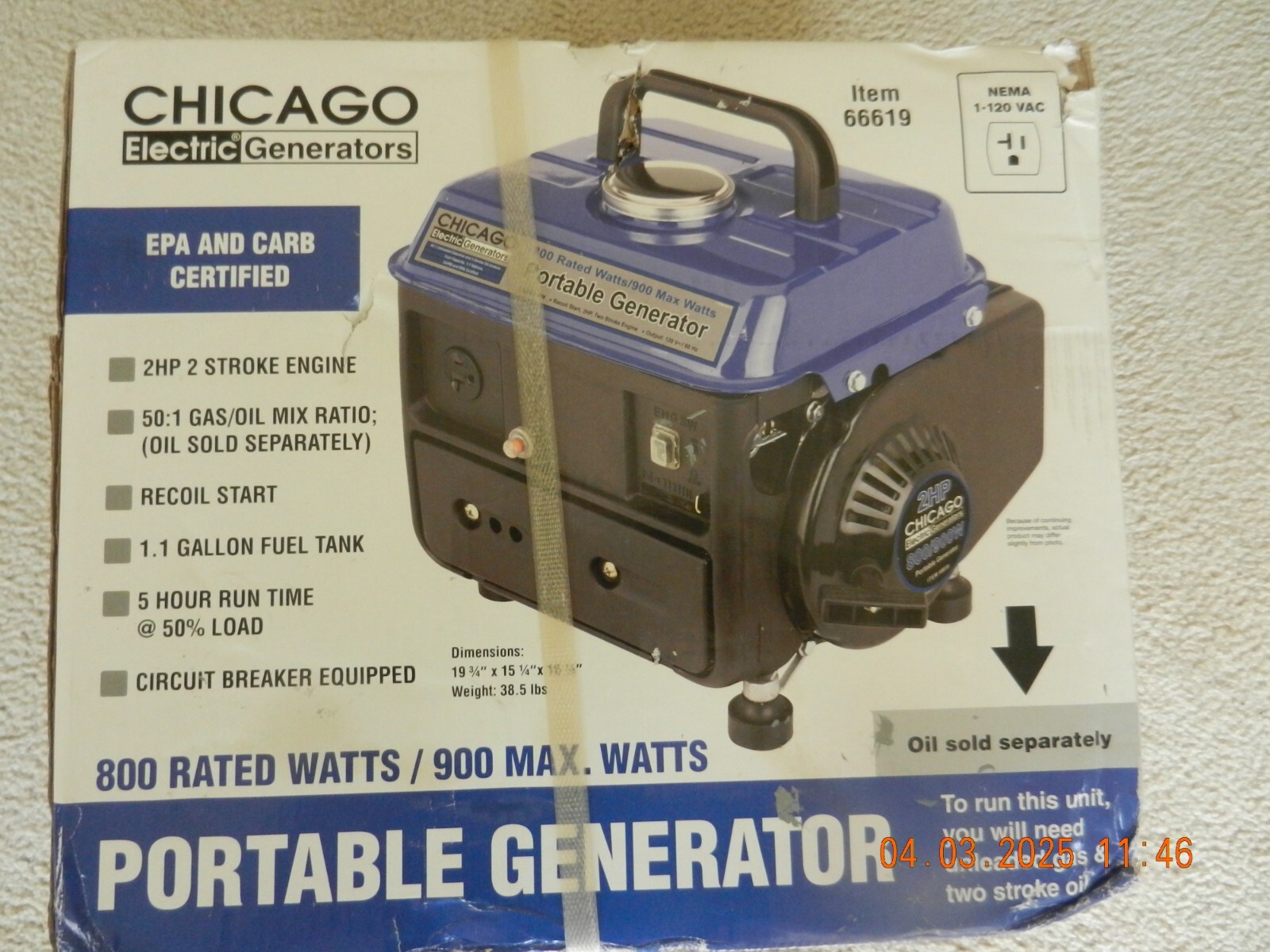 GENERATOR-CHICAGO ELECTRIC Portable Generator 2HP 800/900W 5 Hour Run Time- NEW