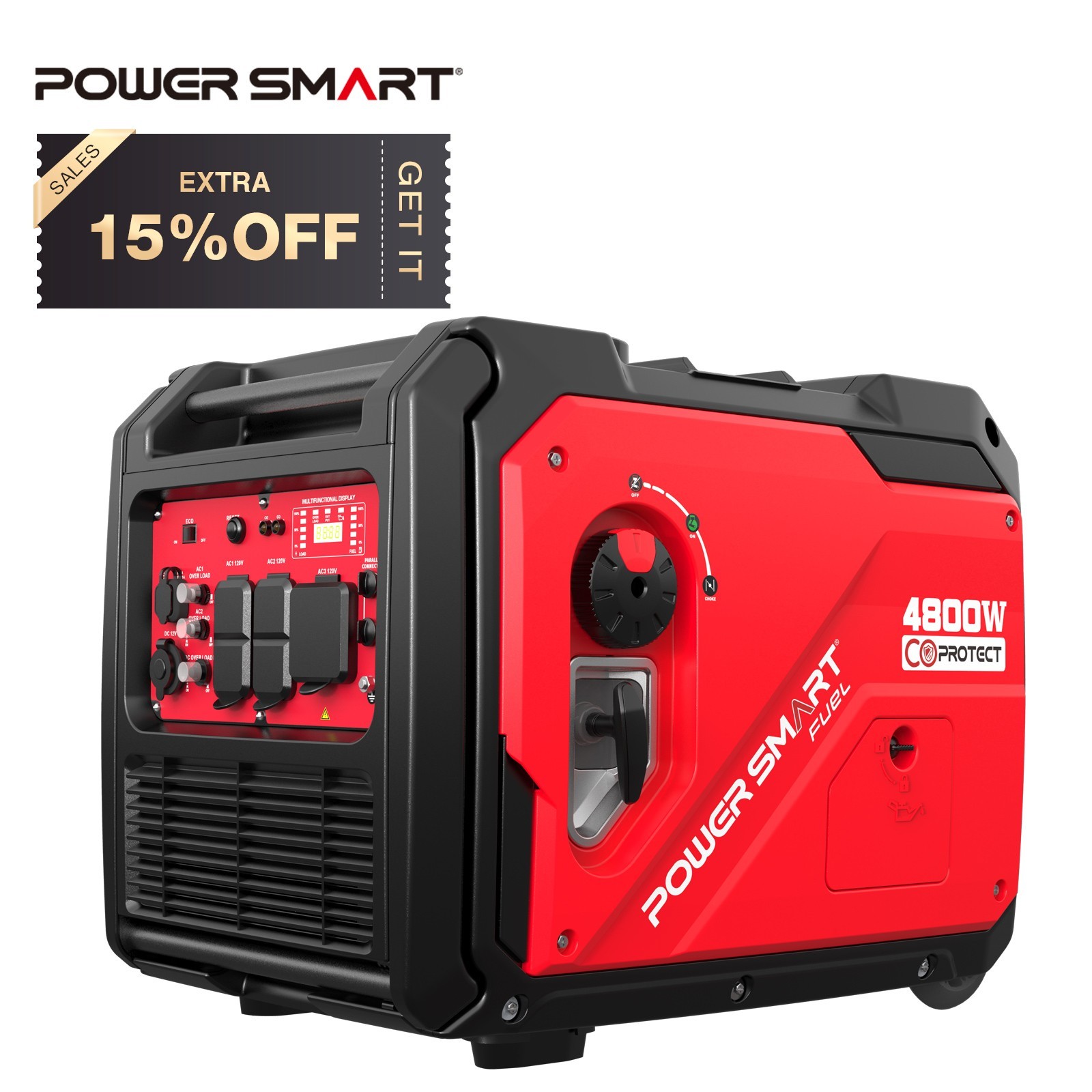 PowerSmart 4800W Gas Inverter Generator, Electric Start, 10H Run, 120V, CO Alarm