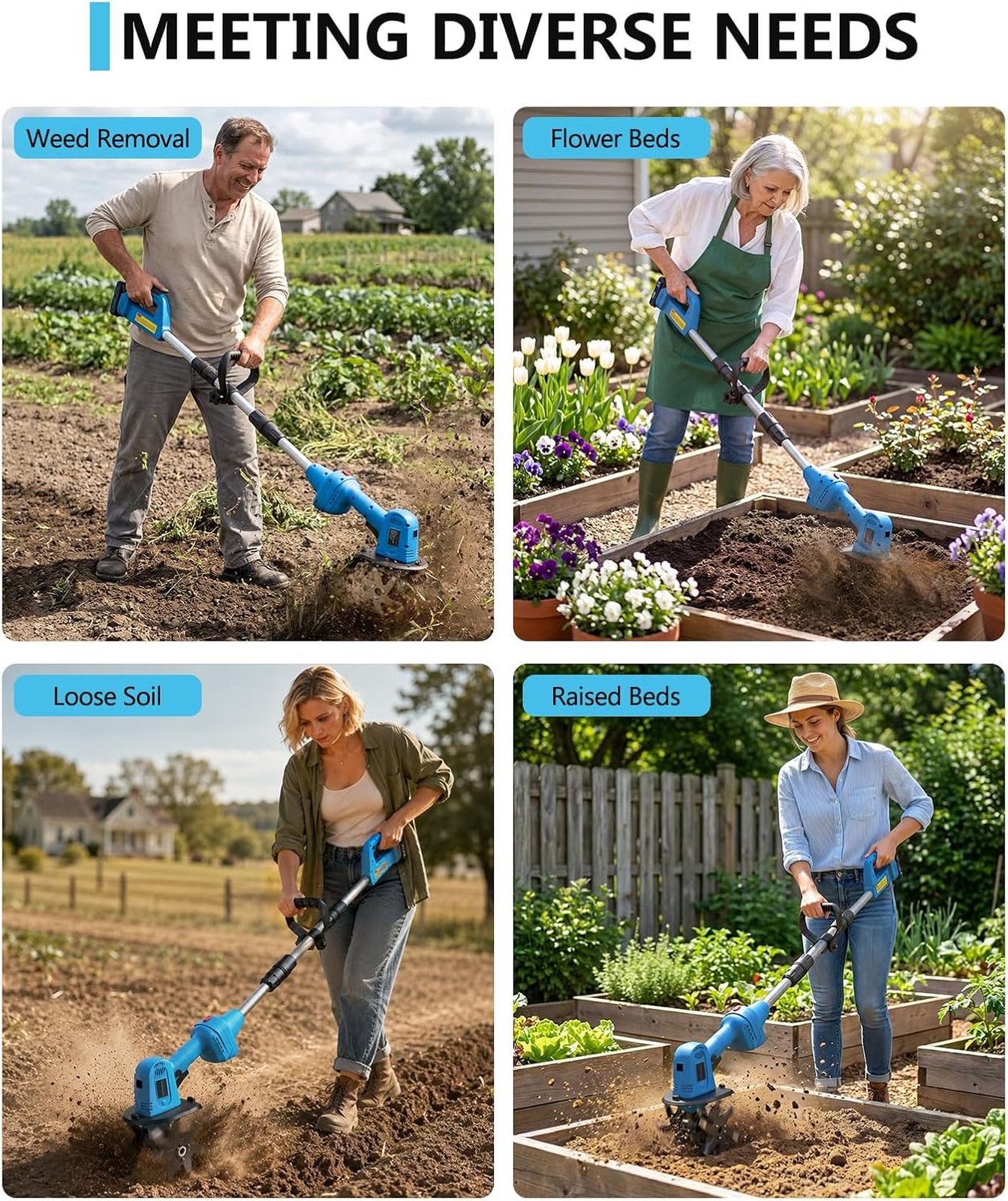 Cordless Mini Garden Tiller with Steel Tines 20V Battery Powered Rototiller for