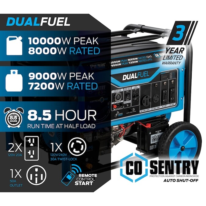 Pulsar 10,000-W Hybrid Portable Dual Fuel Gas Generator, Remote Start, CO Sensor