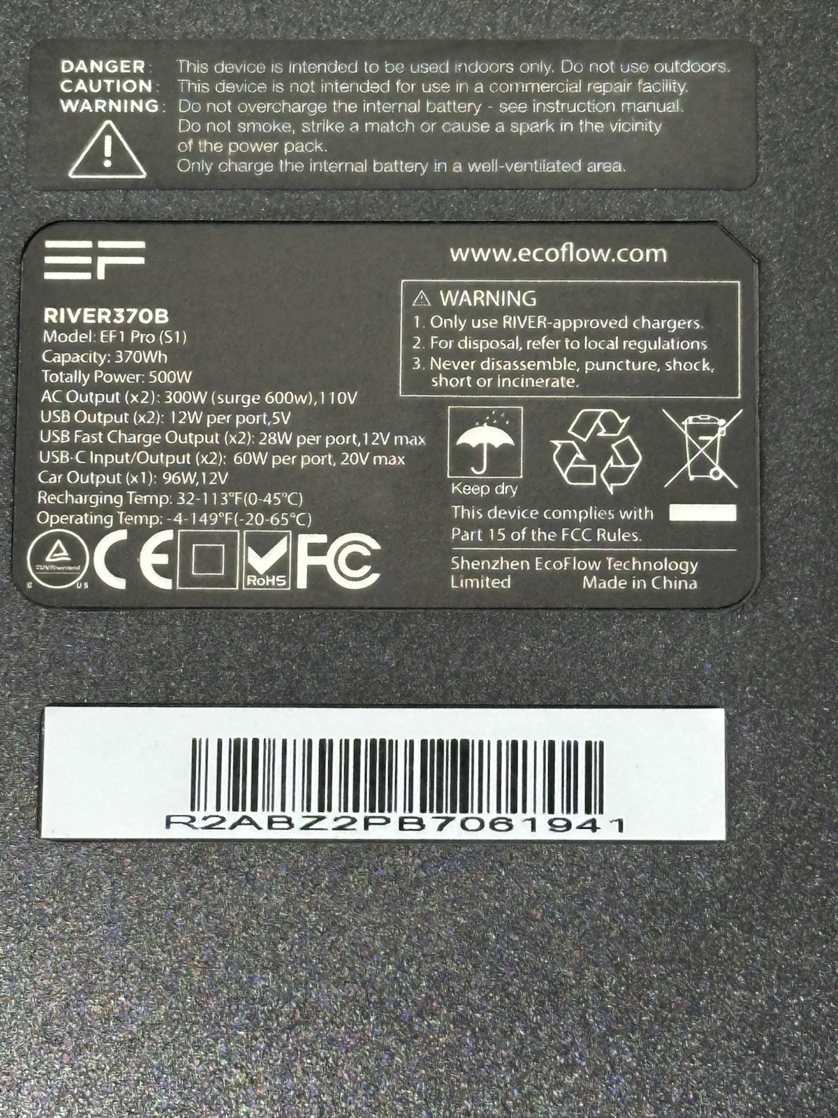 EcoFlow River370B EF1 Pro 370Wh Portable Power Station – Excellent