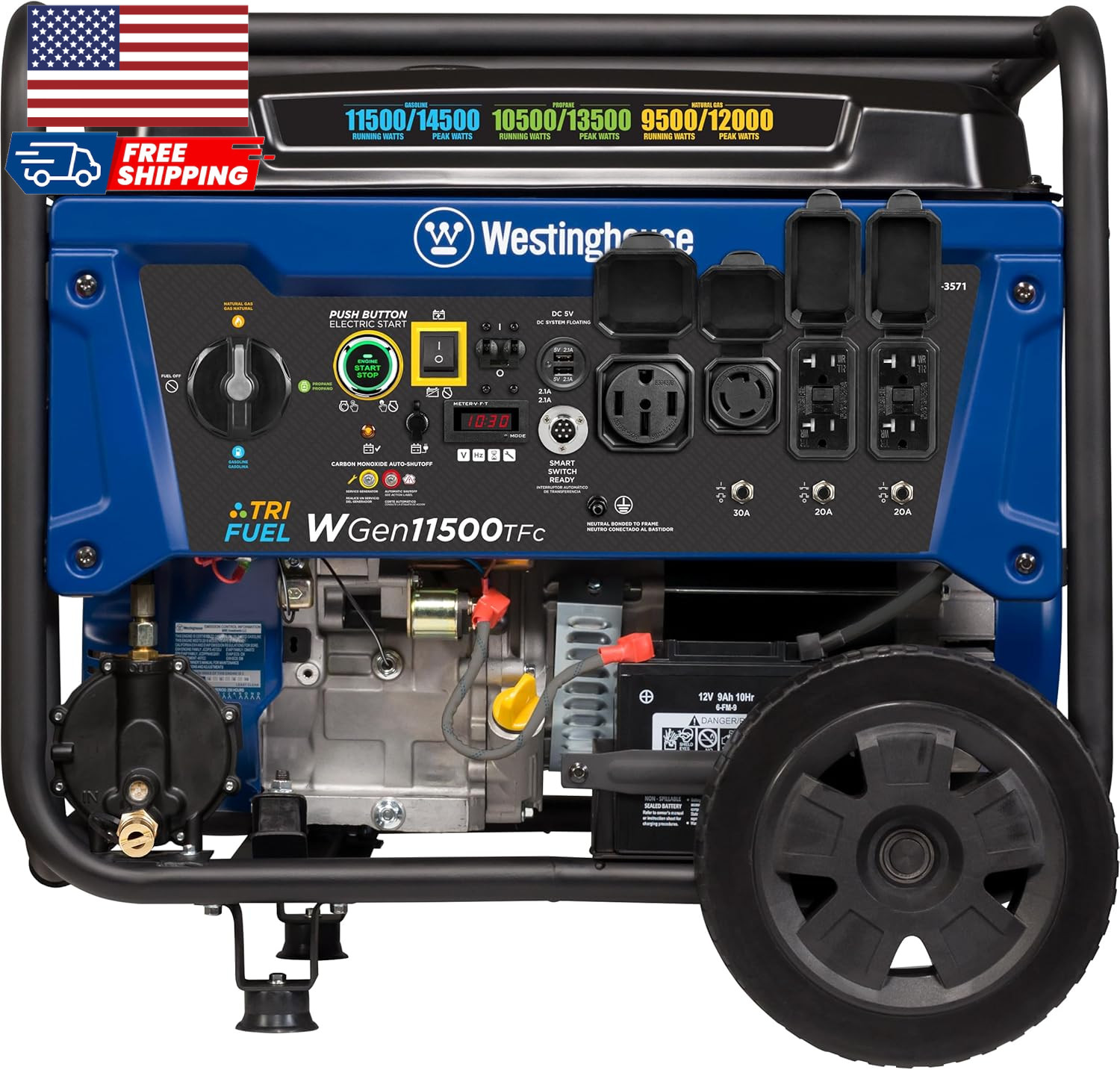14500 Peak Watt Tri-Fuel Home Backup Portable Generator Remote Electric Start