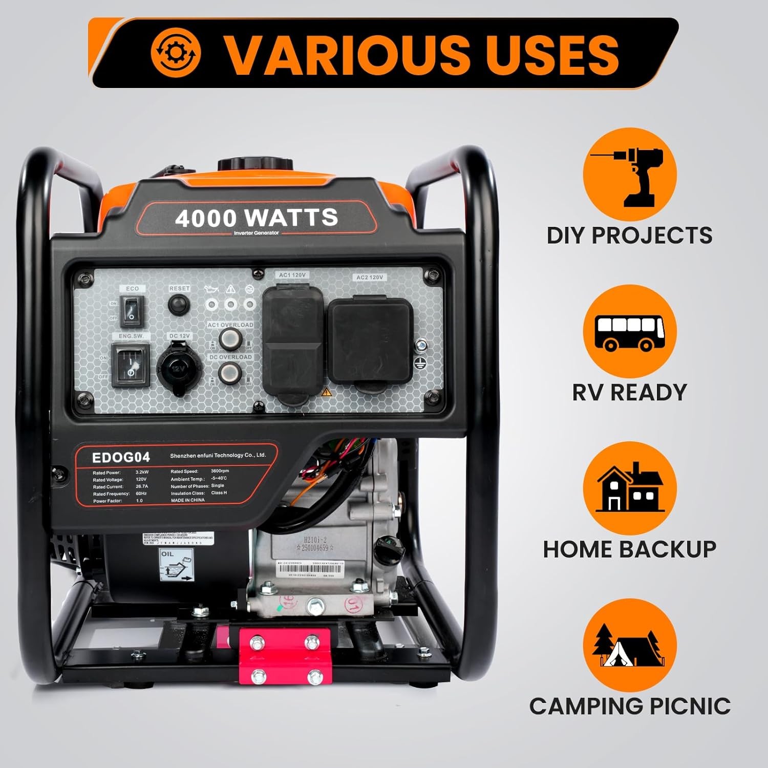 Upgraded Inverter Generator Gas Powered 4.4KW Portable Generator Open Frame
