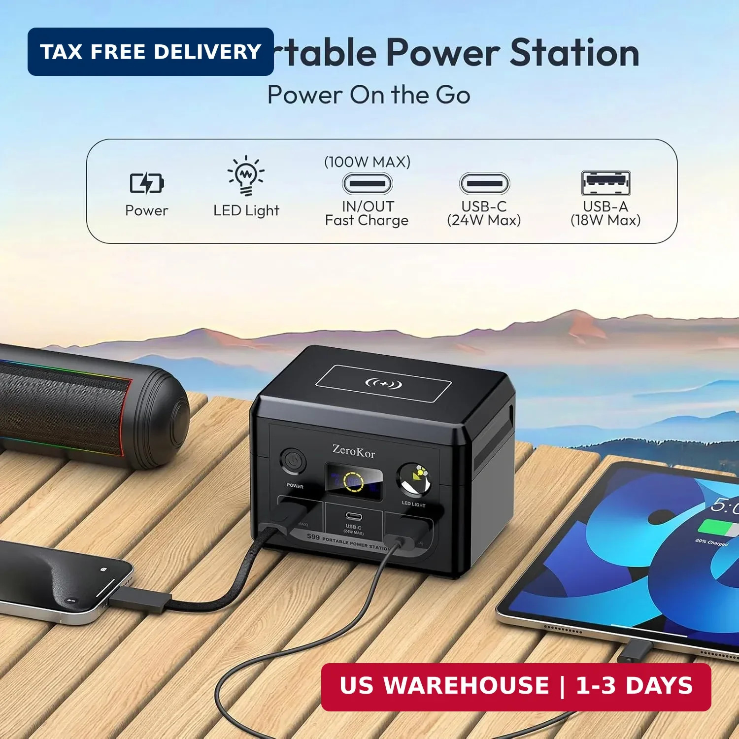 100W Portable Power Station, 96Wh Small Generator 30000mAh LiFePO4 Battery with