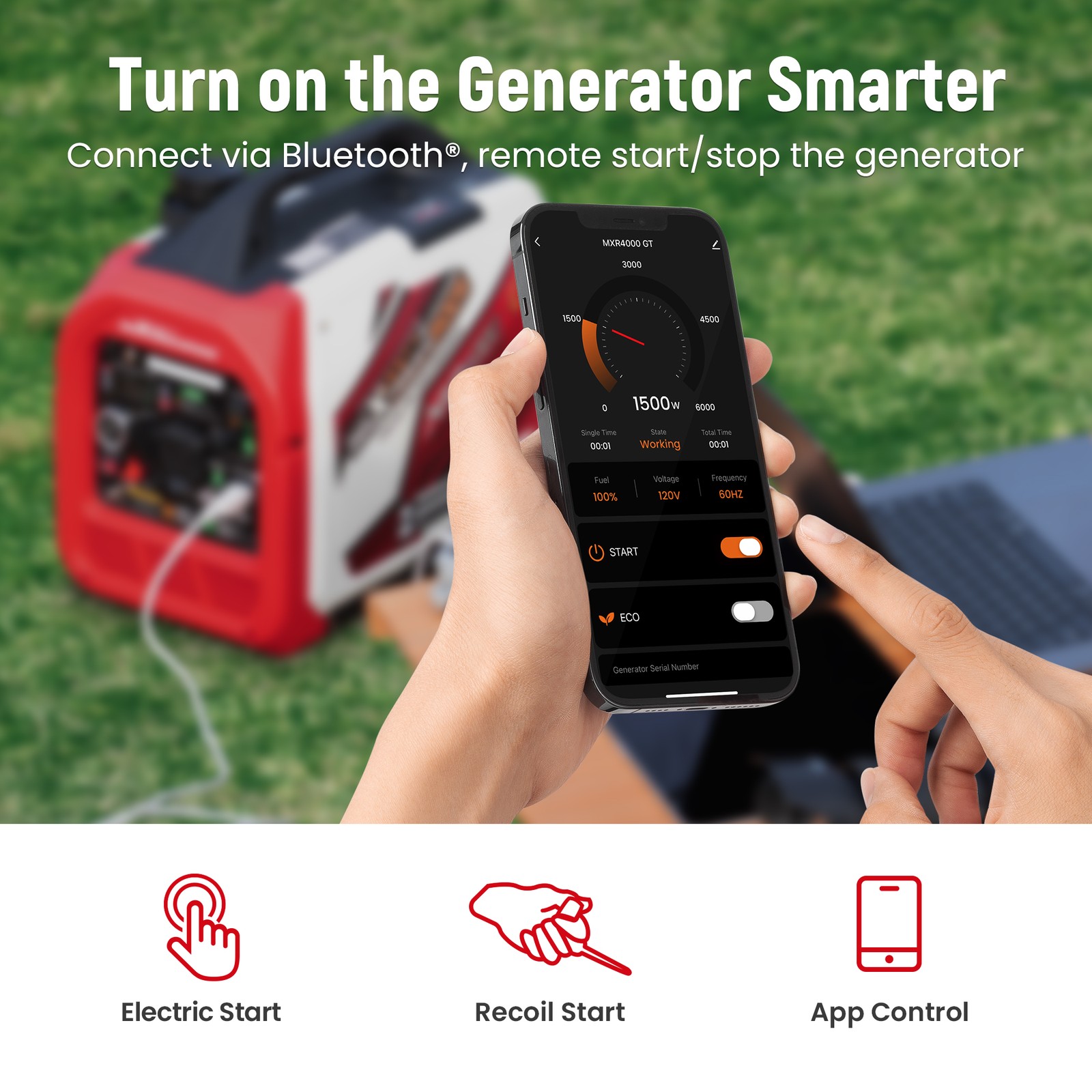 4KW Gas / LPG Portable Generator Inverter Bluetooth E-start Super Quiet
