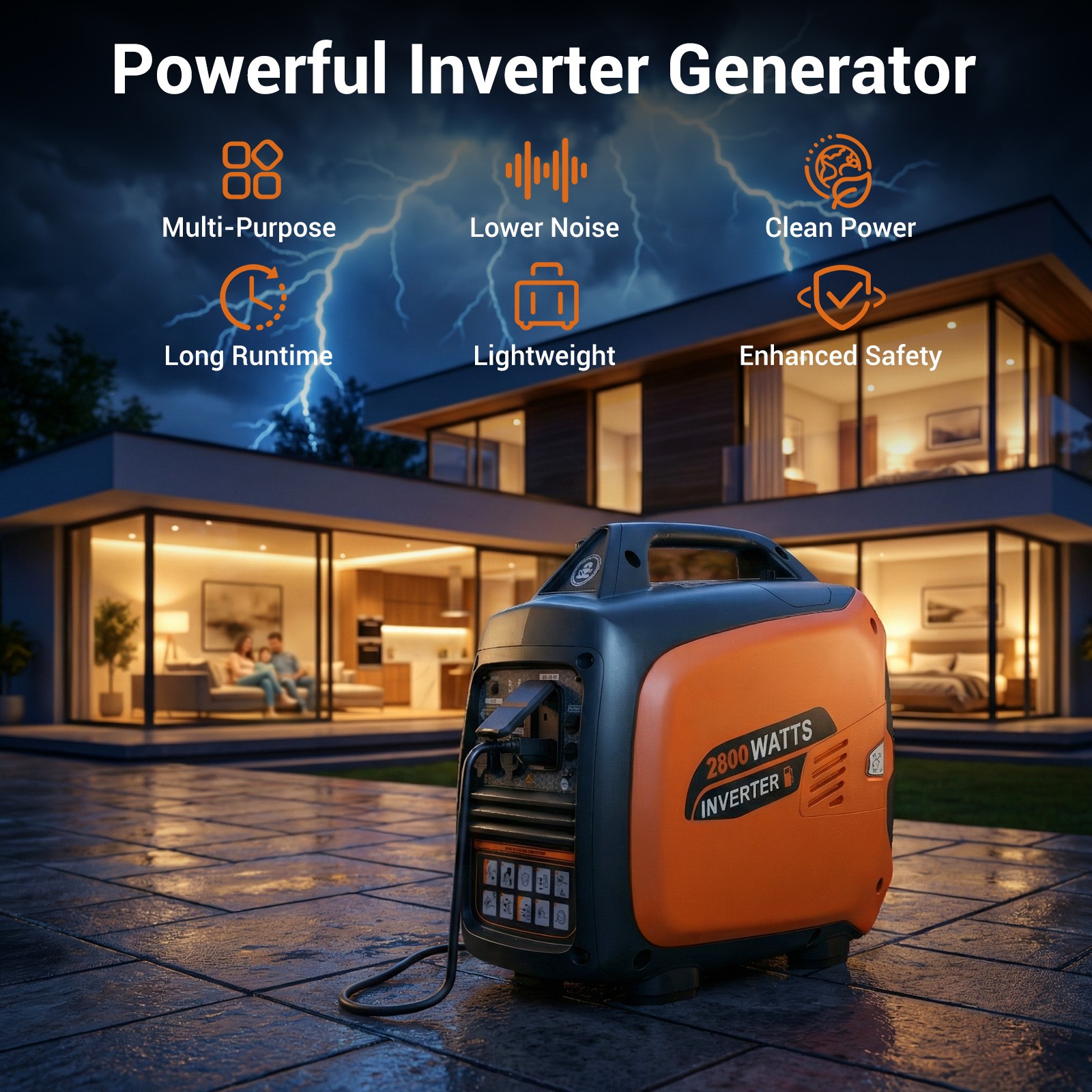 Efurden 2500W Generator Portable Inverter Gas Powered Quiet Home Emergency Power