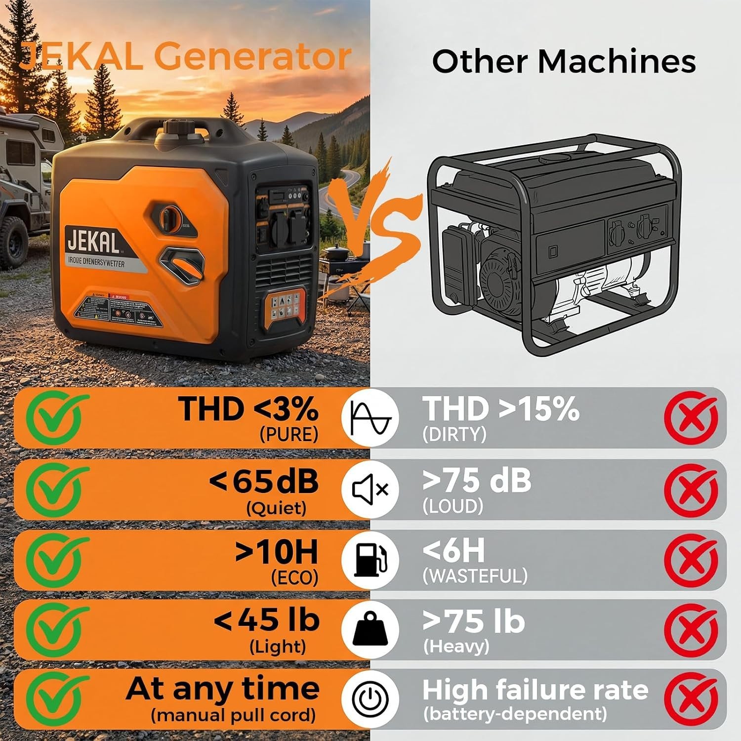 Portable Generator 2800W Peak Gasoline Inverter Compact Quiet RV Camping Power