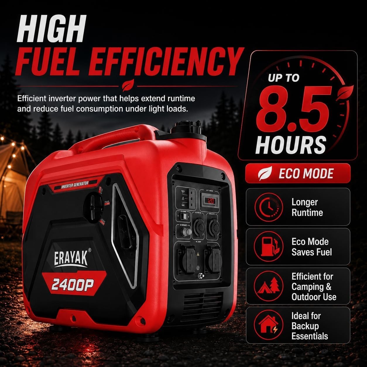 Portable Inverter Generator 2400W Gas Powered Quiet Camping RV Home Backup Eco