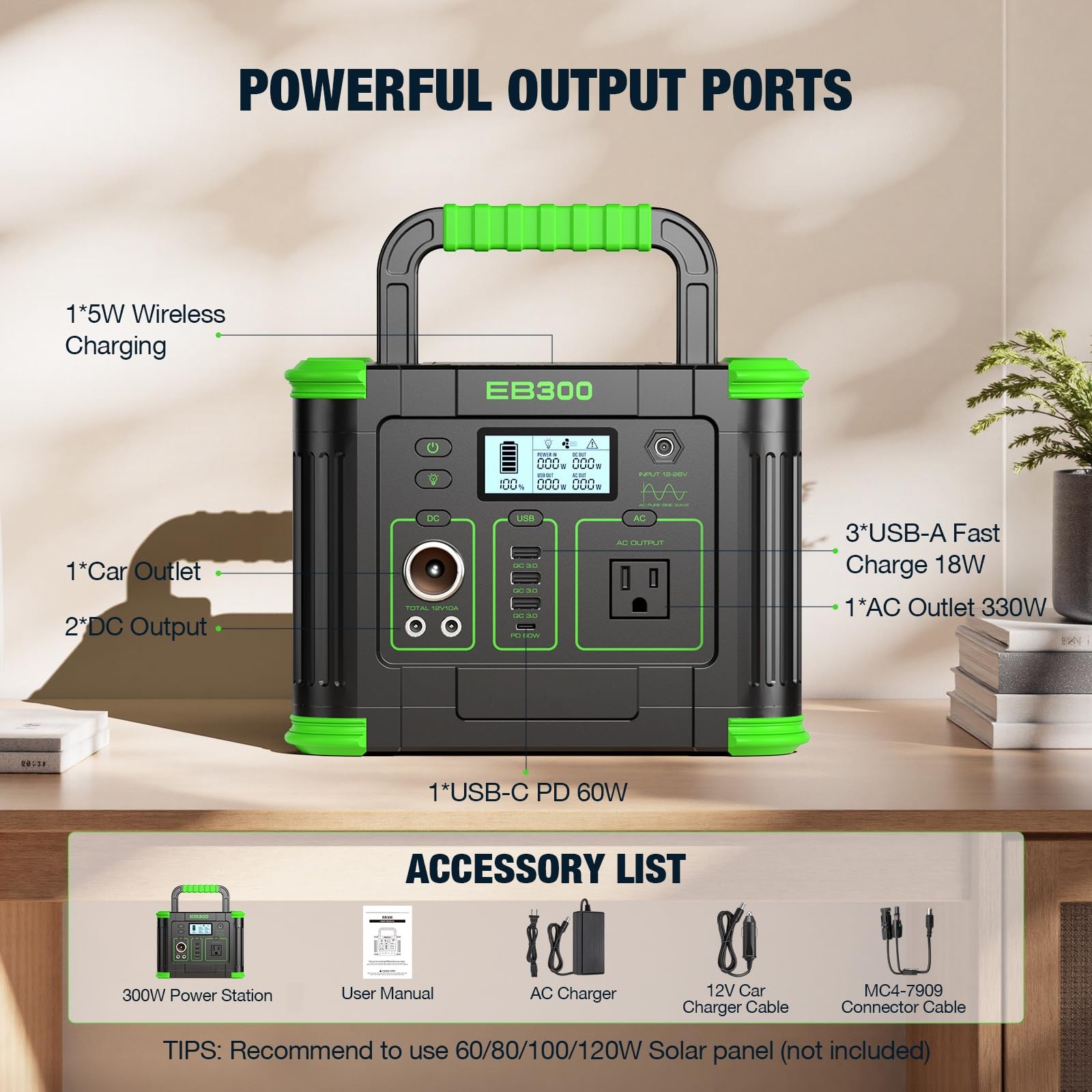 Portable Power Station 300W, GRECELL 288Wh Solar Generator with 330W, Green