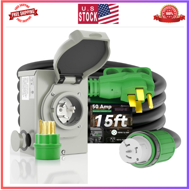 50 Amp Generator Cord 15FT & Pre-Drilled Inlet Box, NEMA 14-50P to SS2-50R, ETL