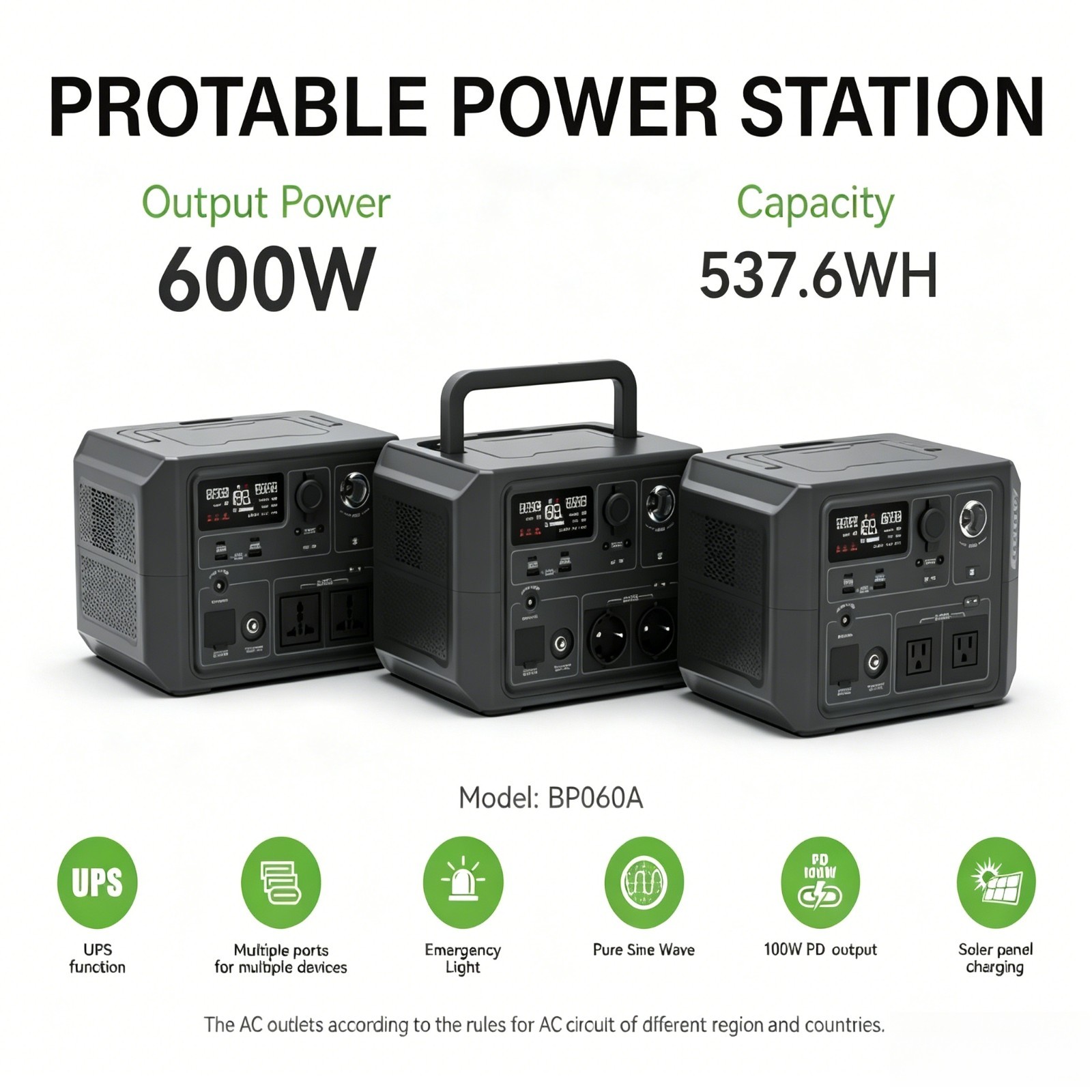 1PCS 600W 537.6Wh LiFePO4 Solar Power Station Outdoor Emergency Backup Generator