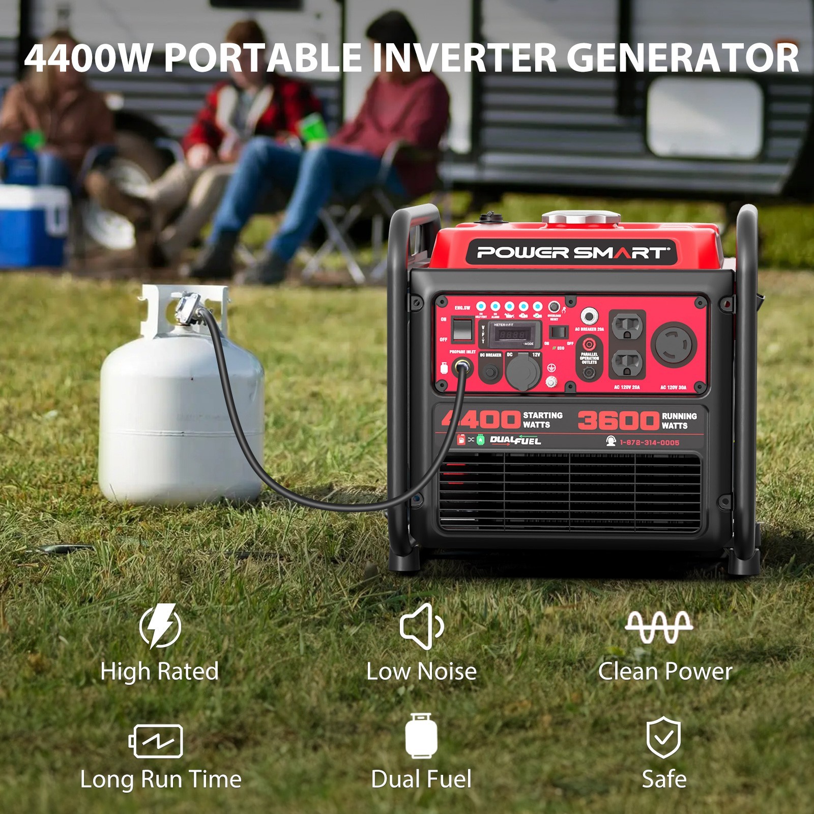 PowerSmart 4400W Dual Fuel Inverter Generator, 223cc, 120VOutput, 5.1hr Runtime