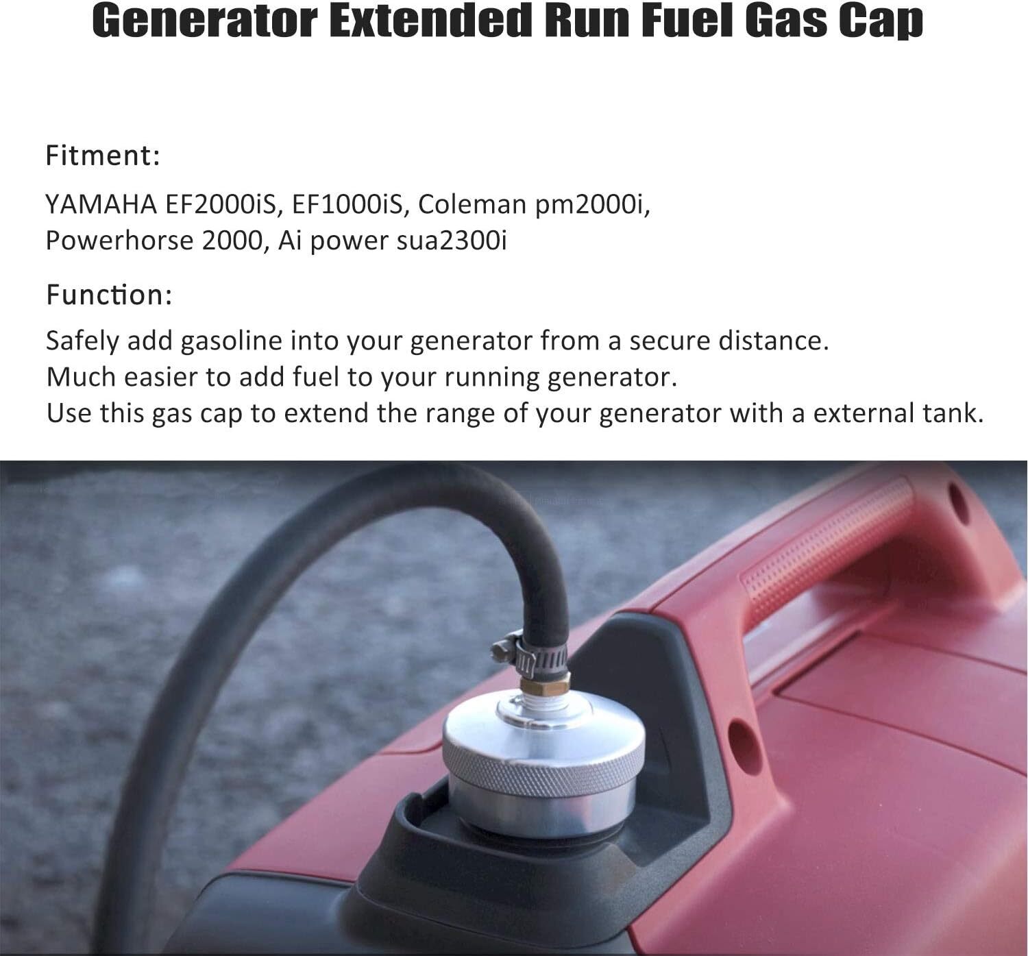 Extended Run Gas Cap Adapter w/ Brass Hose for Yamaha EF2000is EF1000is (Silver)