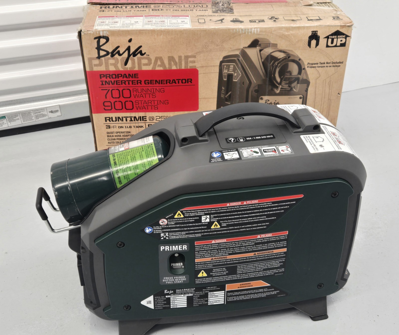 Baja Propane Inverter Generator BAI911LP 700W 900W Portable w/ Adapter