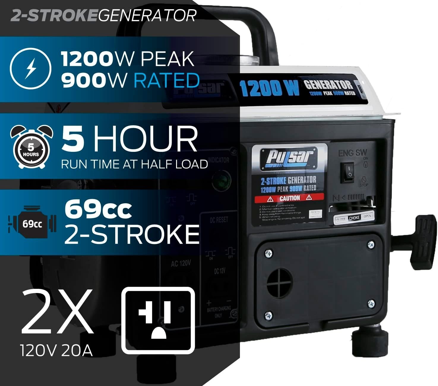 Pulsar 1,200W Carrying Handle, PG1202SA Gas-Powered Portable Generator