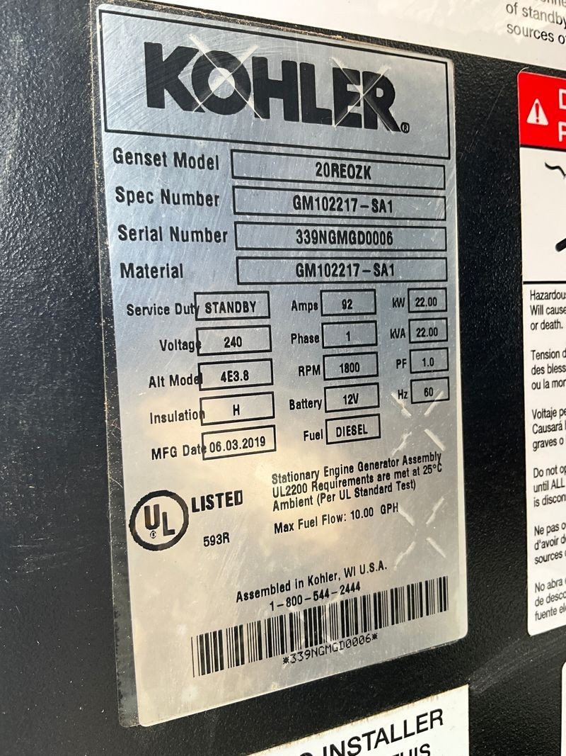 2019 New Surplus 22kW Kohler Diesel Genset